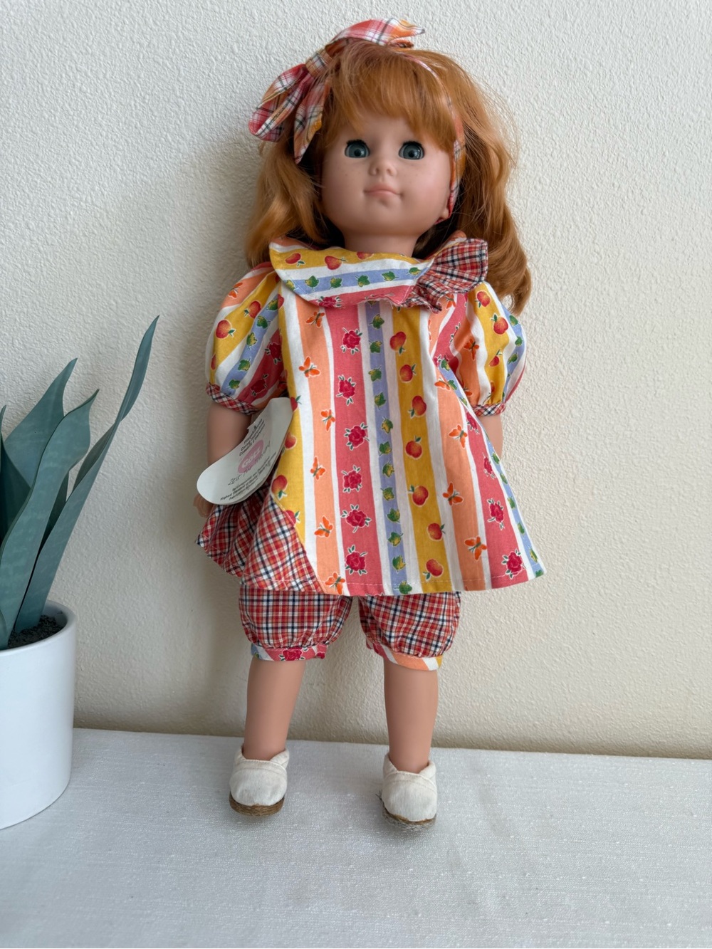 Gotz Puppe Vintage Redhead Girl Doll in Multicolor Striped Outfit by